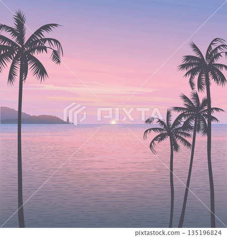 Minimalist seascape with silhouetted palm trees, mountain ranges, sunset and twilight sky square background graphic illustration have blank space. Minimalist seascape with silhouetted palm trees, mountain ranges, sunset and twilight sky square background graphic illustration have blank space. 135196824