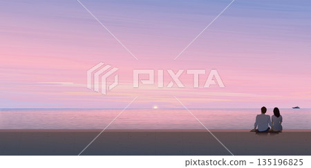 Minimalist seascape at sunset have silhouetted of lover sitting on barrier graphic illustration. Honeymoon concept with twilight sky have blank space. 135196825