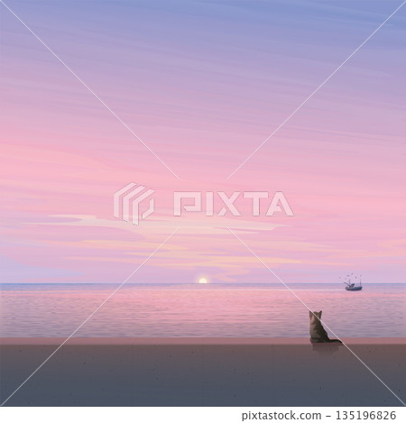 Minimalist seascape at sunset have silhouetted of cat sitting on barrier looking to fishing boat followed by seagulls graphic illustration. Minimalist seascape at sunset have silhouetted of cat sitting on barrier looking to fishing boat followed by seagulls graphic illustration. 135196826
