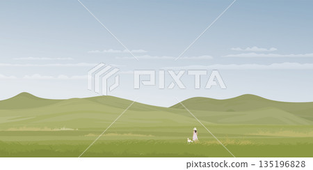 Minimalist landscape grass field and mountain ranges with a woman handling her dog on the leash graphic illustration have blank space. Minimalist landscape grass field and mountain ranges with a woman handling her dog on the leash graphic illustration have blank space. 135196828