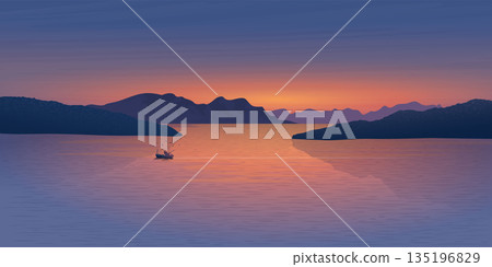 Minimalist seascape with silhouette mountains, island and fishing boat followed by seagulls have twilight sky background graphic illustration have blank space. 135196829