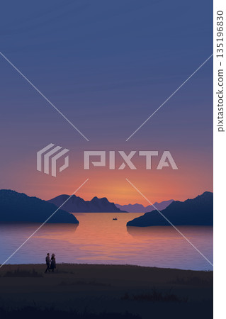 Seascape with silhouetted of lover at cliff, mountains, island and fishing boat have twilight sky vertical background graphic illustration have blank space. 135196830