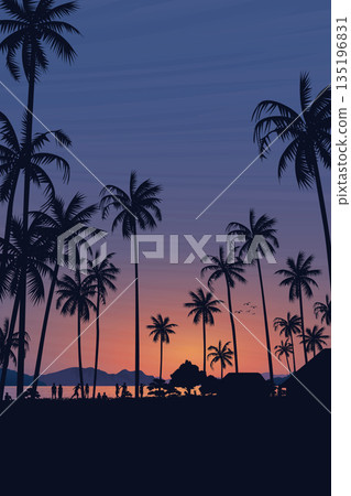Silhouetted coconut palm trees at the beach with twilight sky vertical background graphic illustration have blank space. 135196831