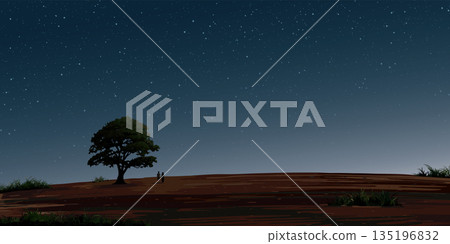 Night at minimalist hill landscape and big tree with silhouetted couple of lover have night sky with a lot of stars background graphic illustration. Night at minimalist hill landscape and big tree with silhouetted couple of lover have night sky with a lot of stars background graphic illustration. 135196832