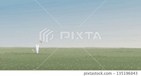 Minimalist flower field landscape with a cat playing with butterfly graphic illustrated have blank space. 135196843