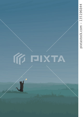 Minimalist grass field landscape with a cat playing with butterfly graphic illustration have blank space. Minimalist grass field landscape with a cat playing with butterfly graphic illustration have blank space. 135196844