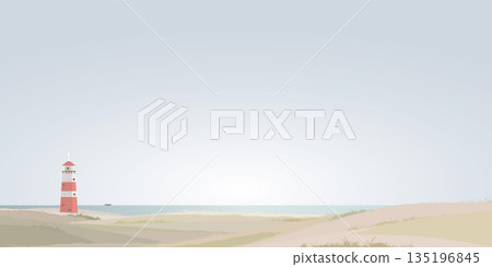 Minimalist seashore landscape with lighthouse have yacht at skyline flat design graphic illustration. Coastline with beacon have blue sky background. Minimalist seashore landscape with lighthouse have yacht at skyline flat design graphic illustration. Coastline with beacon have blue sky background. 135196845