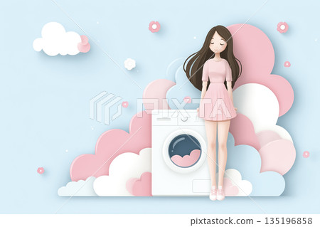 一位女士在滾筒洗衣機裡洗衣服的插圖 135196858