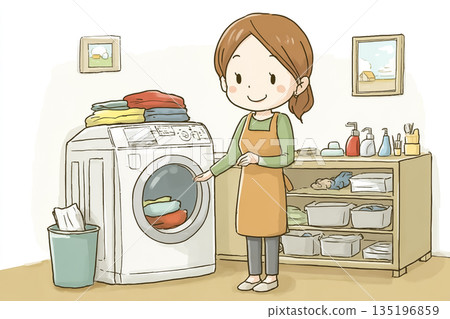 Illustration of a housewife doing laundry in a drum-type washing machine 135196859