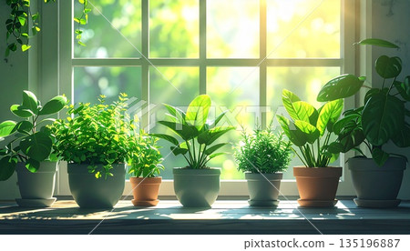 窗外陽光照耀下，室內植物閃閃發光。這張背景圖讓人聯想到自然生態的生活方式。 135196887