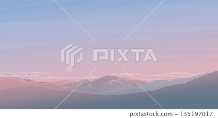 Minimalist sunset landscape with mountain ranges and dramatic sky background graphic illustrated have blank space. 135197017