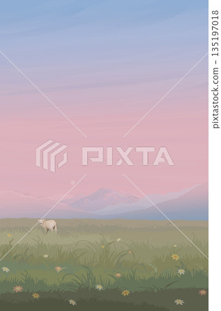 Minimalist sunset landscape grass hill with one sheep have mountain ranges behind graphic illustrated have vertical blank space. 135197018