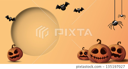 Abstract 3 dimension circle frame paper cut style with Halloween pumpkins, bats and spiders on orange background graphic illustration have blank space. Abstract 3 dimension circle frame paper cut style with Halloween pumpkins, bats and spiders on orange background graphic illustration have blank space. 135197027