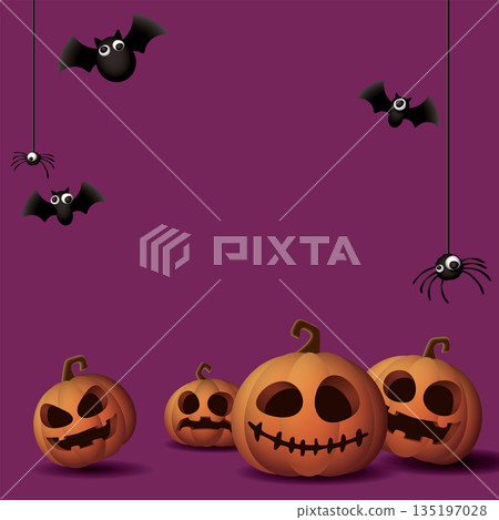 3D Halloween pumpkins, bats and spiders on purple square background graphic illustration have blank space. 3D Halloween pumpkins, bats and spiders on purple square background graphic illustration have blank space. 135197028