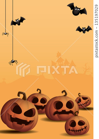 3D Halloween pumpkins, bats and spiders on orange vertical background graphic illustration have blank space. 3D Halloween pumpkins, bats and spiders on orange vertical background graphic illustration have blank space. 135197029