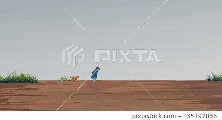 Minimalism landscape side view of muddy area after the rain have a kid wearing raincoat playing with puppy graphic illustration have blank space 135197036