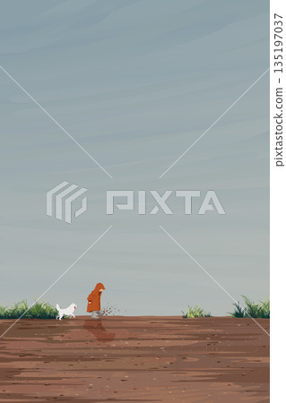 Minimalism landscape side view of muddy area after the rain have a kid wearing raincoat playing with puppy graphic illustration have blank space Minimalism landscape side view of muddy area after the rain have a kid wearing raincoat playing with puppy graphic illustration have blank space 135197037