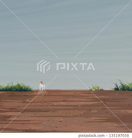 Minimalism landscape side view of muddy area after the rain have a dog standing on a puddle graphic illustration have blank space 135197038