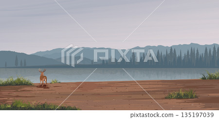Minimalism landscape side view of muddy area with deer, lake, pine forest and mountain ranges graphic illustration have blank space Minimalism landscape side view of muddy area with deer, lake, pine forest and mountain ranges graphic illustration have blank space 135197039