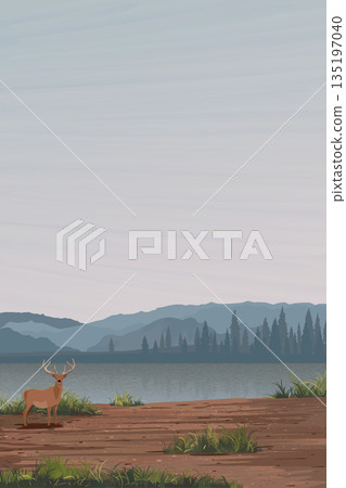 Minimalism landscape side view of muddy area with deer, lake, pine forest and mountain ranges graphic illustration have blank space Minimalism landscape side view of muddy area with deer, lake, pine forest and mountain ranges graphic illustration have blank space 135197040