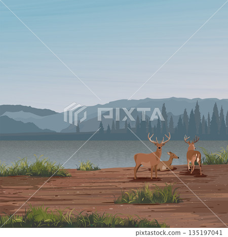Minimalism landscape of muddy area with deer pack, lake, pine forest and mountain ranges graphic illustration have blank space at blue sky. Minimalism landscape of muddy area with deer pack, lake, pine forest and mountain ranges graphic illustration have blank space at blue sky. 135197041