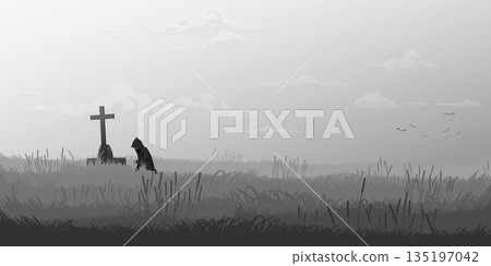 Man in black hood pays respect to a grave in the field monochromatic minimalism landscape graphic illustration have blank space at sky. Man in black hood pays respect to a grave in the field monochromatic minimalism landscape graphic illustration have blank space at sky. 135197042