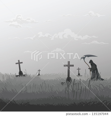 Angel of Death in graveyard in foggy day monochromatic minimalism landscape graphic illustration have blank space. 135197044
