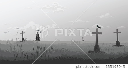Angel of Death in graveyard in foggy day monochromatic minimalism landscape graphic illustration have blank space. 135197045