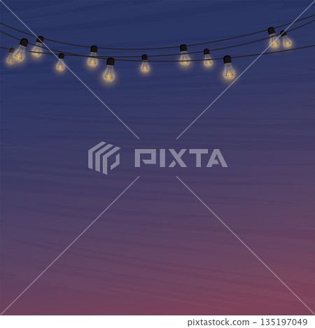 Decorative light bulbs hanging graphic illustration with twilight sky background have blank space. Decorative lights for party invitation card template. Sparkly festive lights on a cable decoration. Decorative light bulbs hanging graphic illustration with twilight sky background have blank space. Decorative lights for party invitation card template. Sparkly festive lights on a cable decoration. 135197049