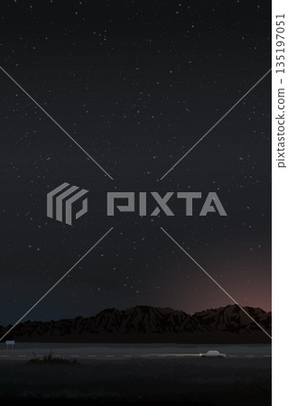 Landscape at night with car on local road through the field and mountain ranges have a lot of star in the sky vertical background graphic illustrated. Minimalism countryside landscape transportation Landscape at night with car on local road through the field and mountain ranges have a lot of star in the sky vertical background graphic illustrated. Minimalism countryside landscape transportation 135197051