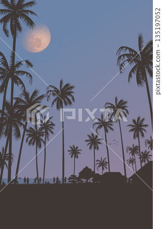 Silhouetted coconut palm trees at the beach with half moon and twilight sky vertical background fade condition graphic illustration. Silhouetted coconut palm trees at the beach with half moon and twilight sky vertical background fade condition graphic illustration. 135197052