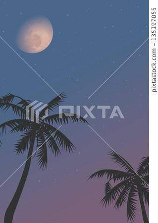 Silhouetted coconut palm trees with half moon and twilight sky vertical background graphic illustration have blank space. Silhouetted coconut palm trees with half moon and twilight sky vertical background graphic illustration have blank space. 135197055