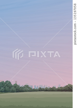 Public park in the city with skyscraper behind graphic illustration have blank space at twilight sky vertical background. Public park in the city with skyscraper behind graphic illustration have blank space at twilight sky vertical background. 135197058