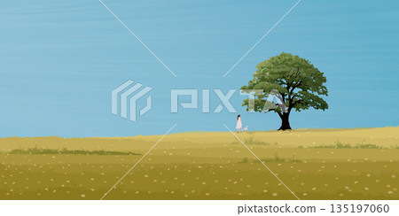 Minimalist flower field landscape and big tree with a woman handling her dog on the leash graphic illustrated have blank space. Minimalist flower field landscape and big tree with a woman handling her dog on the leash graphic illustrated have blank space. 135197060