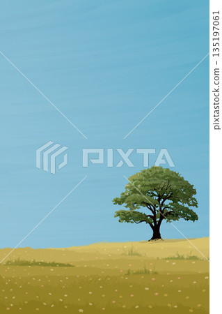 Minimalist flower field landscape and big tree with blue sky vertical background graphic illustrated have blank space. 135197061