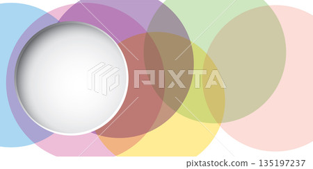 Abstract 3D circle frame paper cut style at left area with pastel geometric shapes transparency overlap graphic illustrations. Abstract 3D circle frame paper cut style at left area with pastel geometric shapes transparency overlap graphic illustrations. 135197237