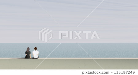 Couple of lover sitting on barrier at seaside in a foggy day graphic illustration. Honeymoon concept illustrate minimalism have blank space. Couple of lover sitting on barrier at seaside in a foggy day graphic illustration. Honeymoon concept illustrate minimalism have blank space. 135197249