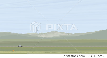 Car on local road through the field at countryside flat design graphic illustrated have blank space. Minimalism countryside landscape transportation concept. 135197252