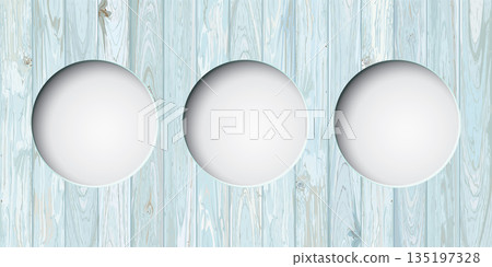 Three of abstract 3D circle frame paper cut style on cut timber panels turquoise blue colors distressed weathered fade condition graphic background illustrated. 135197328