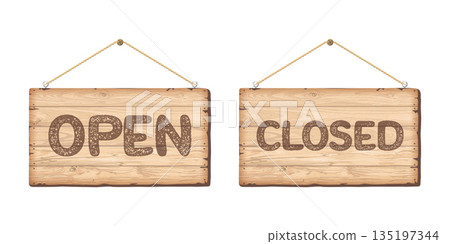 Open and Closed hanging signboard rectangle isolated made from cut timber panels whitewashed texture graphic illustration. Information sign for cafe, restaurant, bar or retail store. 135197344