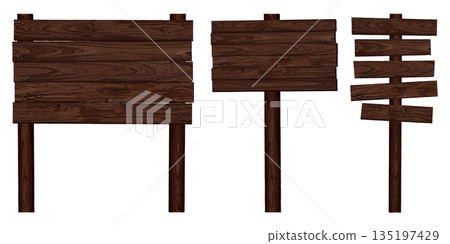 Blank signboard posts isolated made from walnut wood panels and held together with brass rivets graphic illustrated. Nameplate wooden texture isolated. 135197429