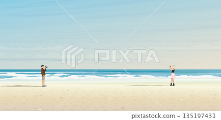 man taking picture by camera and woman taking picture together by smartphone at the beach with tropical blue sea and blue sky background graphic illustration. Journey of sweetheart concept flat 135197431