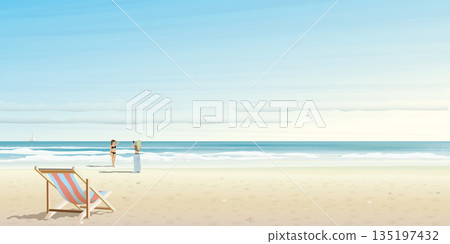 Beach with tropical blue sea and blue sky background have beach chair and far away have woman taking a picture to her friend in bikini suit graphic illustration. 135197432
