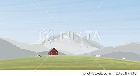 Country house at the grass hill have mountain ranges background. Countryside life minimalism landscape concept graphic illustrated have blank space. Country house at the grass hill have mountain ranges background. Countryside life minimalism landscape concept graphic illustrated have blank space. 135197433