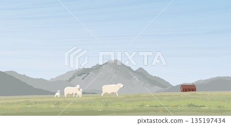 Minimalist landscape grass hill with sheepes family, far away have old barn and mountain ranges graphic illustrated have blank space. 135197434