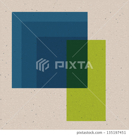 Vivid square and rectangle shapes transparency overlap illustrations with risograph effect on old paper background. Vivid square and rectangle shapes transparency overlap illustrations with risograph effect on old paper background. 135197451