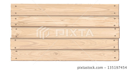 Blank signboard isolated made from cut timber panels and held together with brass rivets graphic illustrated. Nameplate wooden whitewashed texture pattern. 135197454