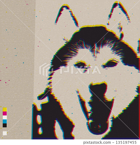 Siberian Husky face CMYK colors overlap transparent with risograph effect graphic illustration. Dog smiling high contrast defect screen printing effect vivid colors on old paper. Siberian Husky face CMYK colors overlap transparent with risograph effect graphic illustration. Dog smiling high contrast defect screen printing effect vivid colors on old paper. 135197455