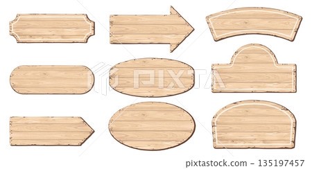 Blank signboard isolated various shapes made from cut timber panels and held together with brass rivets graphic illustrated. Set of nameplate wooden whitewashed texture pattern frame. 135197457