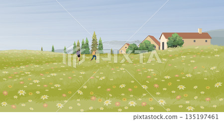 Small village in colorful flower fields hill landscape with tourist backpackers have mountain range behind graphic illustration. 135197461